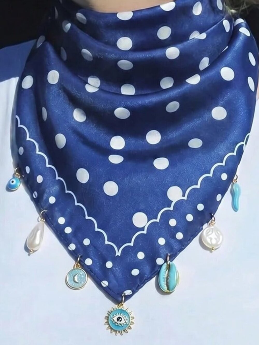 💙 Navy Polka Dot Charm Bandana Scarf 🧿🐚 Blue Boho Headscarf
